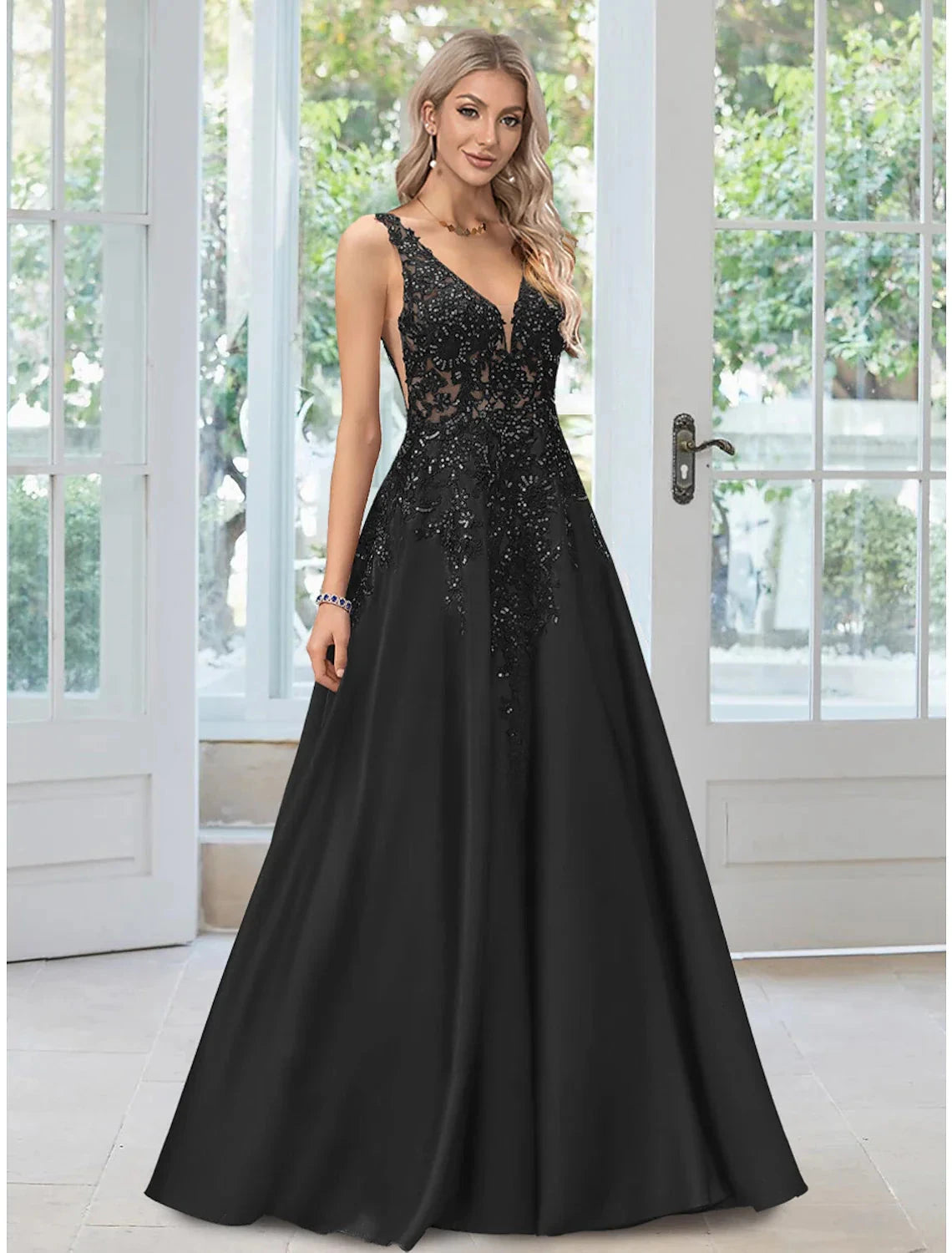 A-Line Evening Gown Black Dress Formal Floor Length Sleeveless V Neck Lace with Appliques by YiHuiw