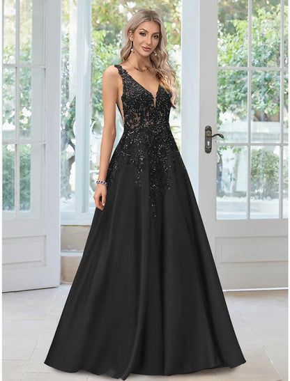 A-Line Evening Gown Black Dress Formal Floor Length Sleeveless V Neck Lace with Appliques by YiHuiw