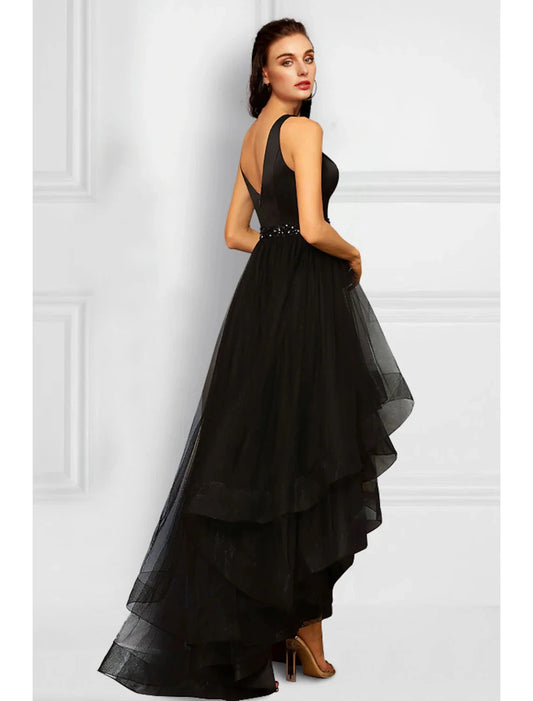 A-Line Cocktail Dresses Elegant Dress Party Wear Asymmetrical Sleeveless V Neck Organza with Rhinestone Ruffles by YiHuiw