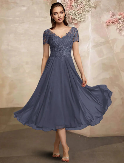 A-Line Mother of the Bride Dress Plus Size Elegant V Neck Tea Length Chiffon Lace Short Sleeve with Pleats Appliques by YiHuiw