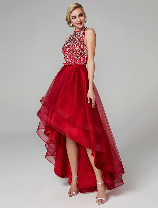 A-Line Sparkle & Shine Dress Wedding Guest Cocktail Party Asymmetrical Sleeveless Jewel Neck Satin with Bow(s) Sequin by YiHuiw