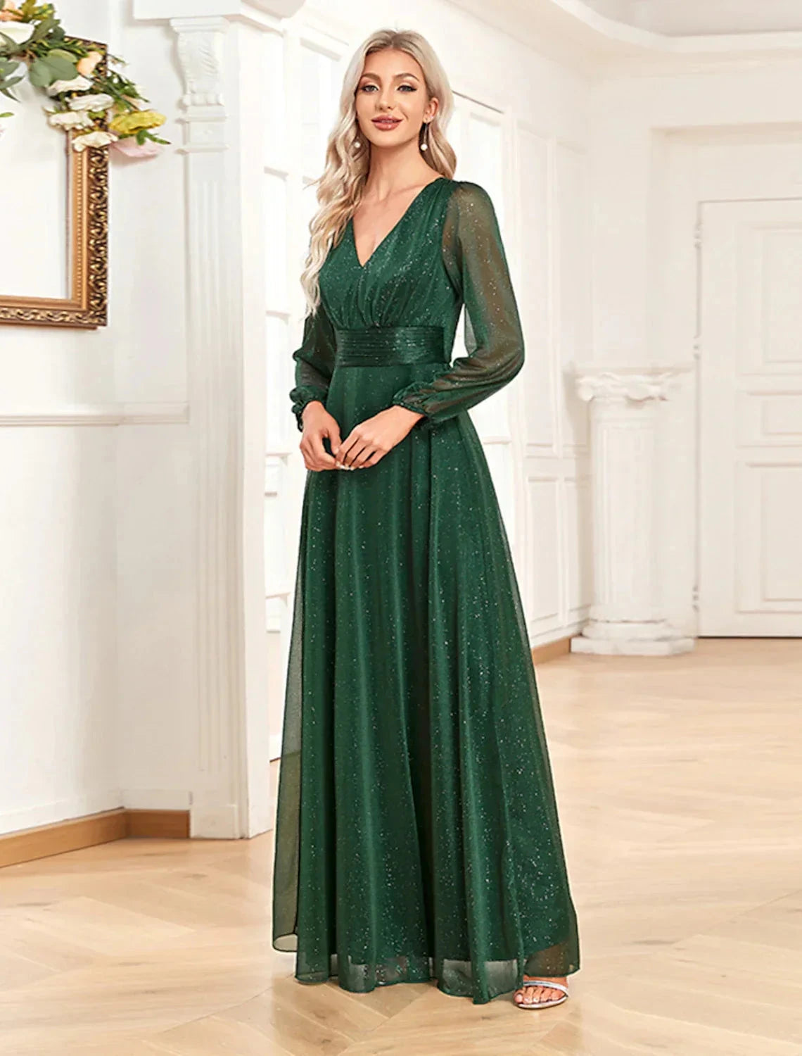 A-Line Evening Gown Elegant Dress Formal Floor Length Long Sleeve V Neck Chiffon with Sequin by YiHuiw