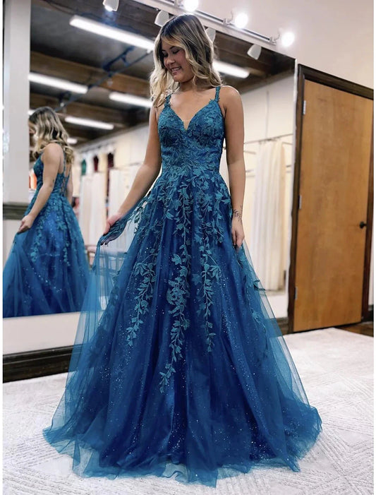 Ball Gown A-Line Prom Dresses Sparkle & Shine Dress Formal Wedding Party Dress Floor Length Sleeveless V Neck Tulle Backless with Glitter Appliques by YiHuiw