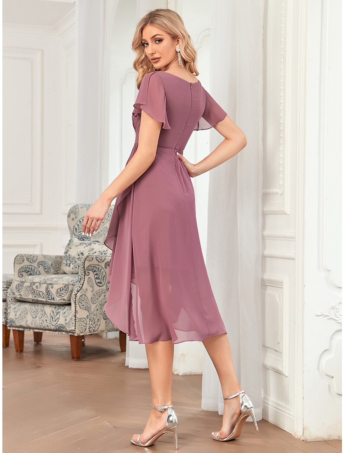 A-Line Bridesmaid Dress Plunging Neck Sleeveless Elegant Asymmetrical / Short / Mini Chiffon with Pleats / Cascading Ruffles / Solid Color by YiHuiw