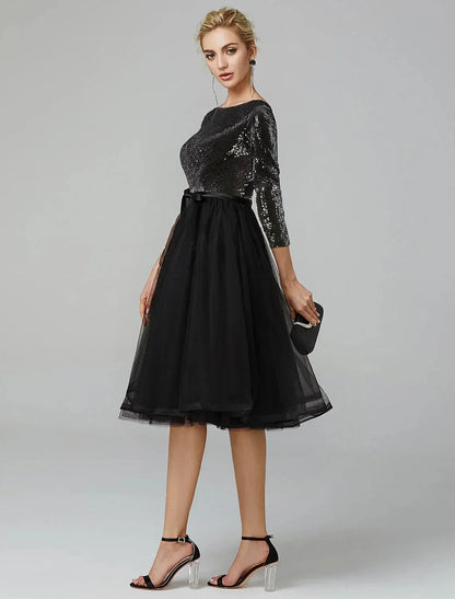 A-Line Cocktail Dresses Sparkle & Shine Dress Formal Tea Length 3/4 Length Sleeve Jewel Neck Fall Wedding Guest Tulle with Sequin Strappy by YiHuiw