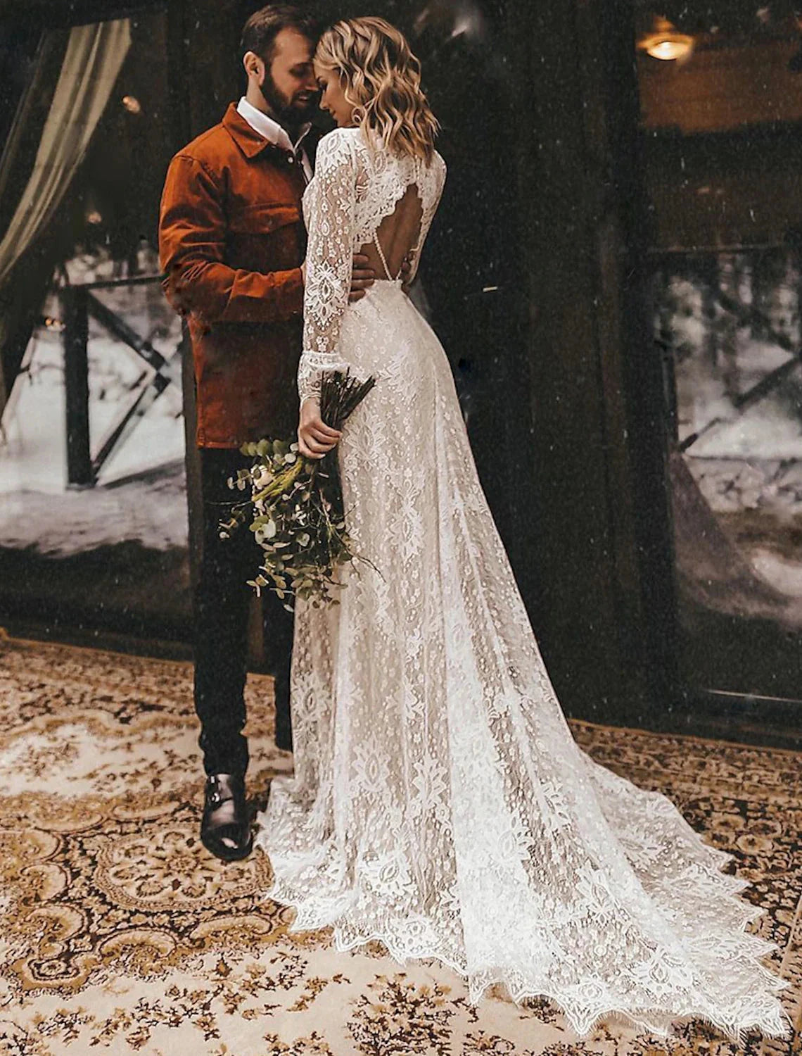 Beach Open Back Boho Wedding Dresses A-Line V Neck Long Sleeve Court Train Lace Bridal Gowns With Solid Color by YiHuiw