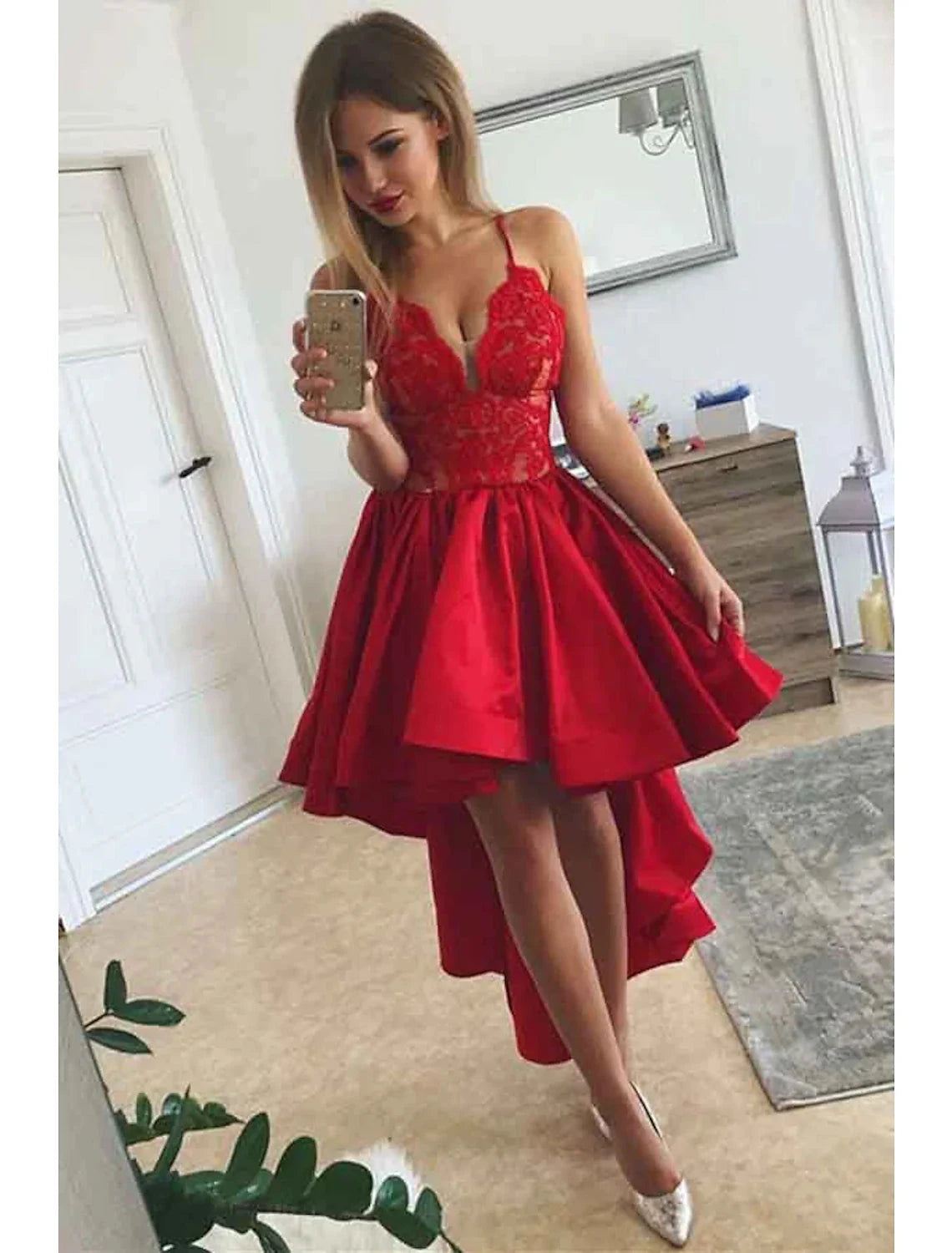 A-Line Prom Dresses Party Dress Homecoming Asymmetrical Sleeveless V Neck Satin with Pleats by YiHuiw
