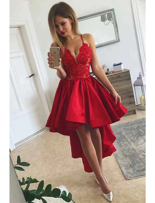 A-Line Prom Dresses Party Dress Homecoming Asymmetrical Sleeveless V Neck Satin with Pleats by YiHuiw