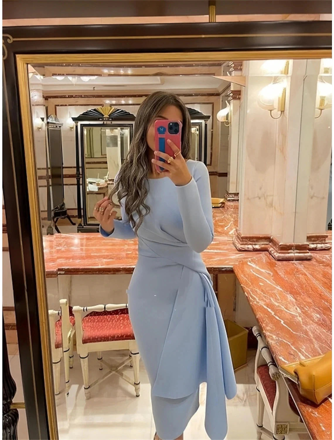Sheath / Column Cocktail Dresses Elegant Dress Formal Fall Knee Length Long Sleeve Jewel Neck Fabric with Pleats Ruched by YiHuiw