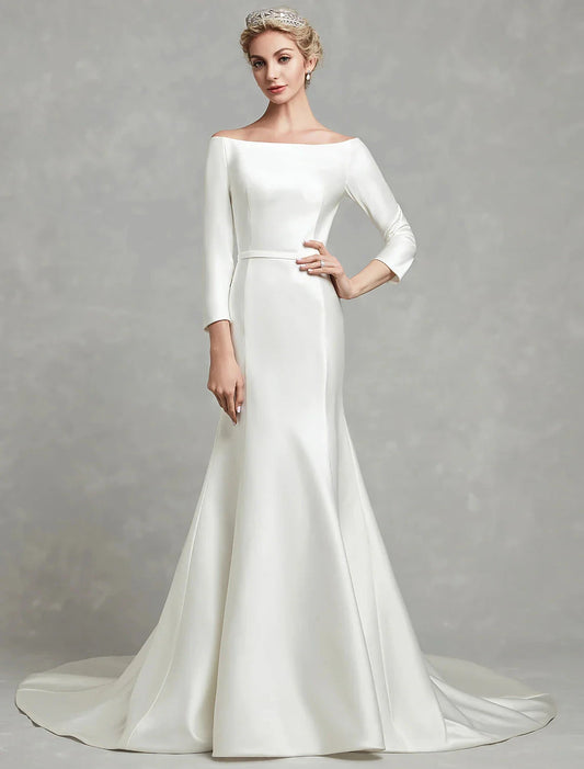 Casual Fall Wedding Dresses Mermaid / Trumpet Off Shoulder 3/4 Length Sleeve Chapel Train Satin Bridal Gowns With Pleats Summer Wedding Party Women's Clothing by YiHuiw
