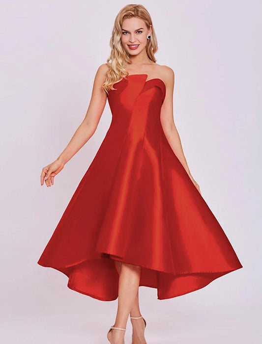 A-Line Cocktail Dresses Minimalist Dress Homecoming Wedding Guest Tea Length Sleeveless Strapless Satin with Sleek by YiHuiw