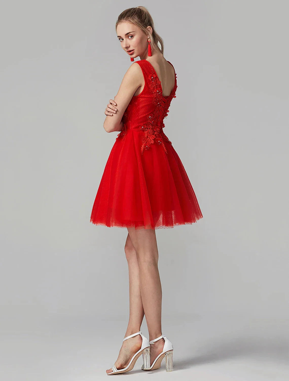 A-Line Party Dress Homecoming Graduation Short / Mini Sleeveless V Neck Lace Over Tulle with Crystals Appliques by YiHuiw