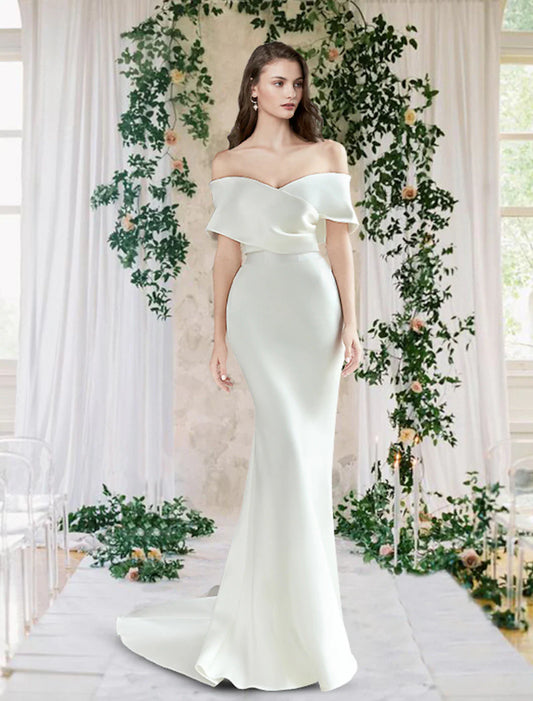 Hall Casual Fall Wedding Dresses Sheath / Column Off Shoulder Cap Sleeve Chapel Train Satin Bridal Gowns With Ruched 2025 Summer Wedding Party Women‘s Clothing