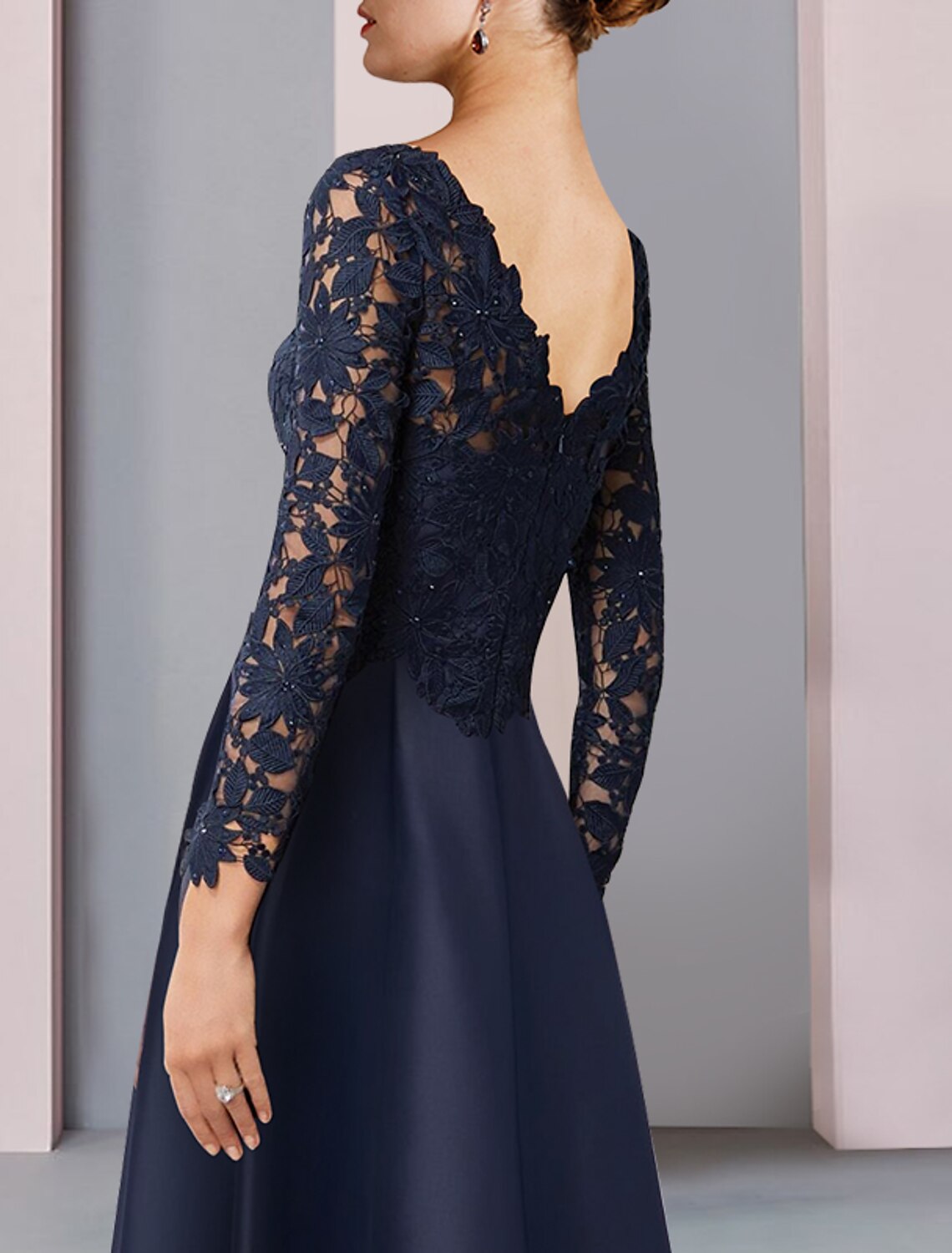 A-Line Mother of the Bride Dress Formal Wedding Guest Elegant High Low V Neck Asymmetrical Tea Length Satin Lace Long Sleeve with Pleats Appliques by YiHuiw