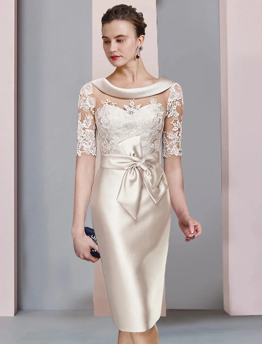 Sheath / Column Mother of the Bride Dress Wedding Guest Elegant Scoop Neck Knee Length Satin Lace Half Sleeve with Bow(s) Appliques by YiHuiw