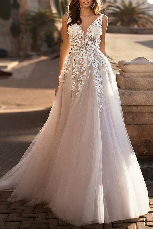 A-Line V-Neck Floor-Length Wedding Dress - Yihuiw by Yihuiw