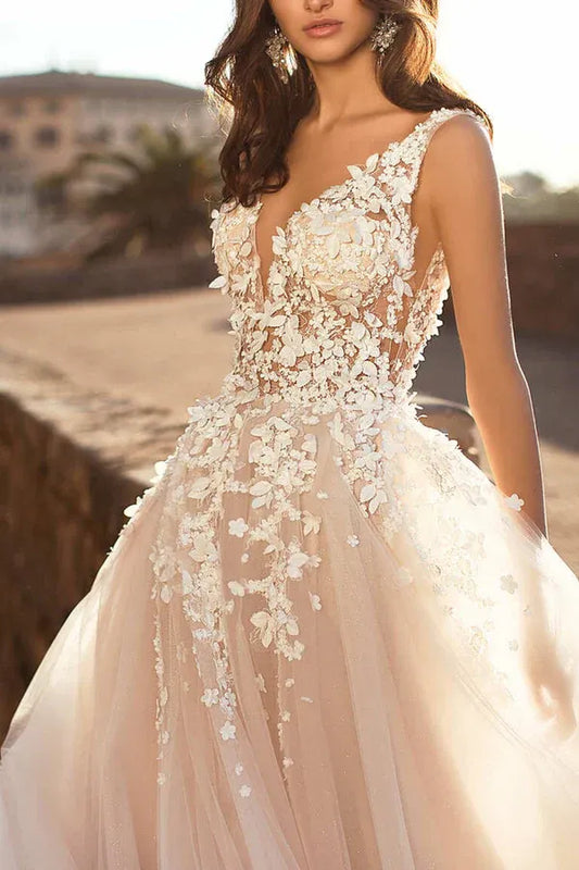 A-Line V-Neck Floor-Length Wedding Dress - Yihuiw by Yihuiw