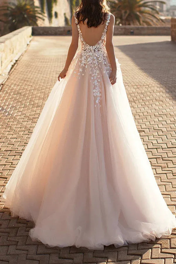 A-Line V-Neck Floor-Length Wedding Dress - Yihuiw by Yihuiw
