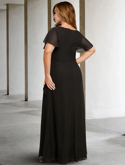 A-Line Mother of the Bride Dresses Plus Size Hide Belly Curve Elegant Dress Formal Floor Length Sleeveless Jewel Neck Chiffon with Ruched Crystals Fall by YiHuiw