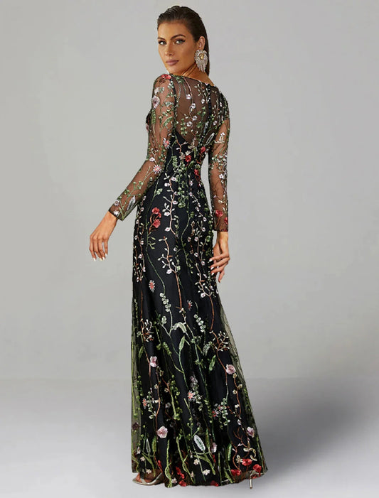 Sheath / Column Wedding Guest Dresses Floral Dress Semi Formal Garden Party Floor Length Long Sleeve Jewel Neck Fall Wedding Guest Tulle with Embroidery by YiHuiw
