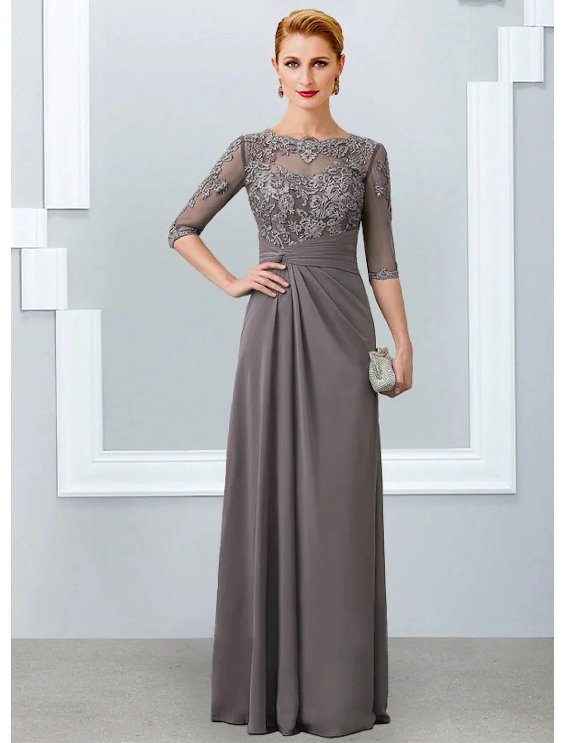 Sheath / Column Mother of the Bride Dress Elegant Jewel Neck Floor Length Chiffon Lace 3/4 Length Sleeve with Appliques by YiHuiw