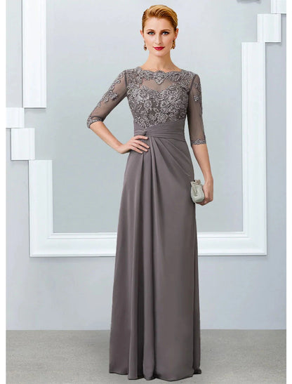 A-Line Mother of the Bride Dress Elegant V Neck Floor Length Chiffon Lace Short Sleeve with Pleats Appliques by YiHuiw