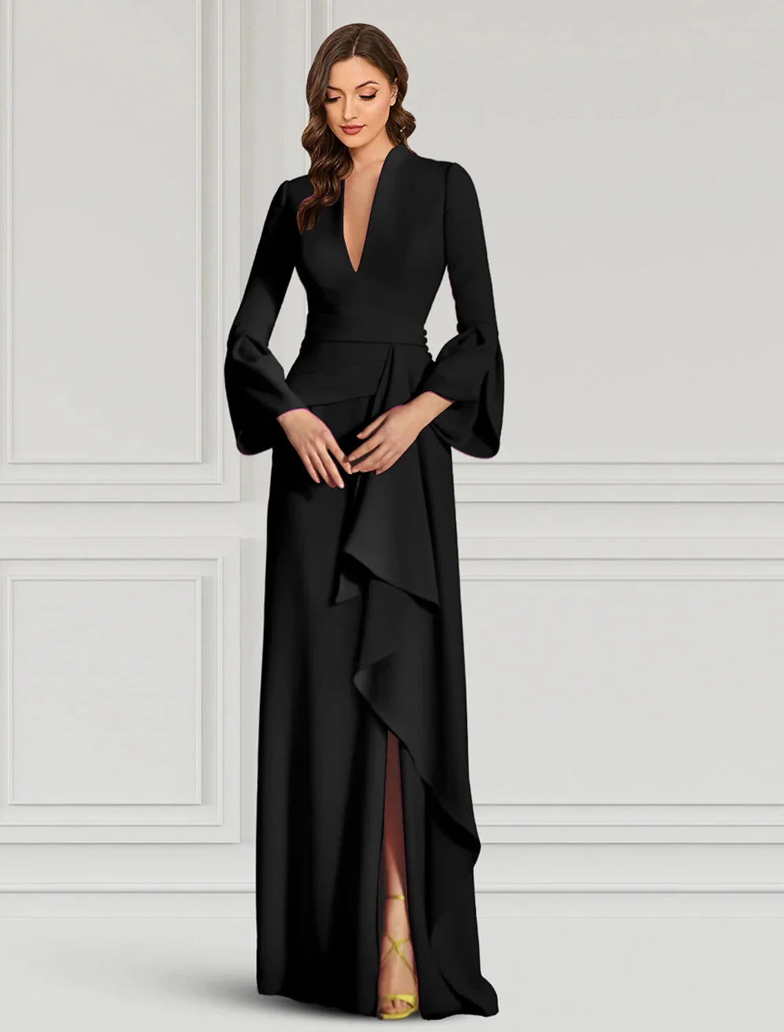 Sheath / Column Evening Gown Elegant Dress Formal Cocktail Party Dress Floor Length Long Sleeve V Neck Fall Wedding Guest Fabric with Ruffles by YiHuiw