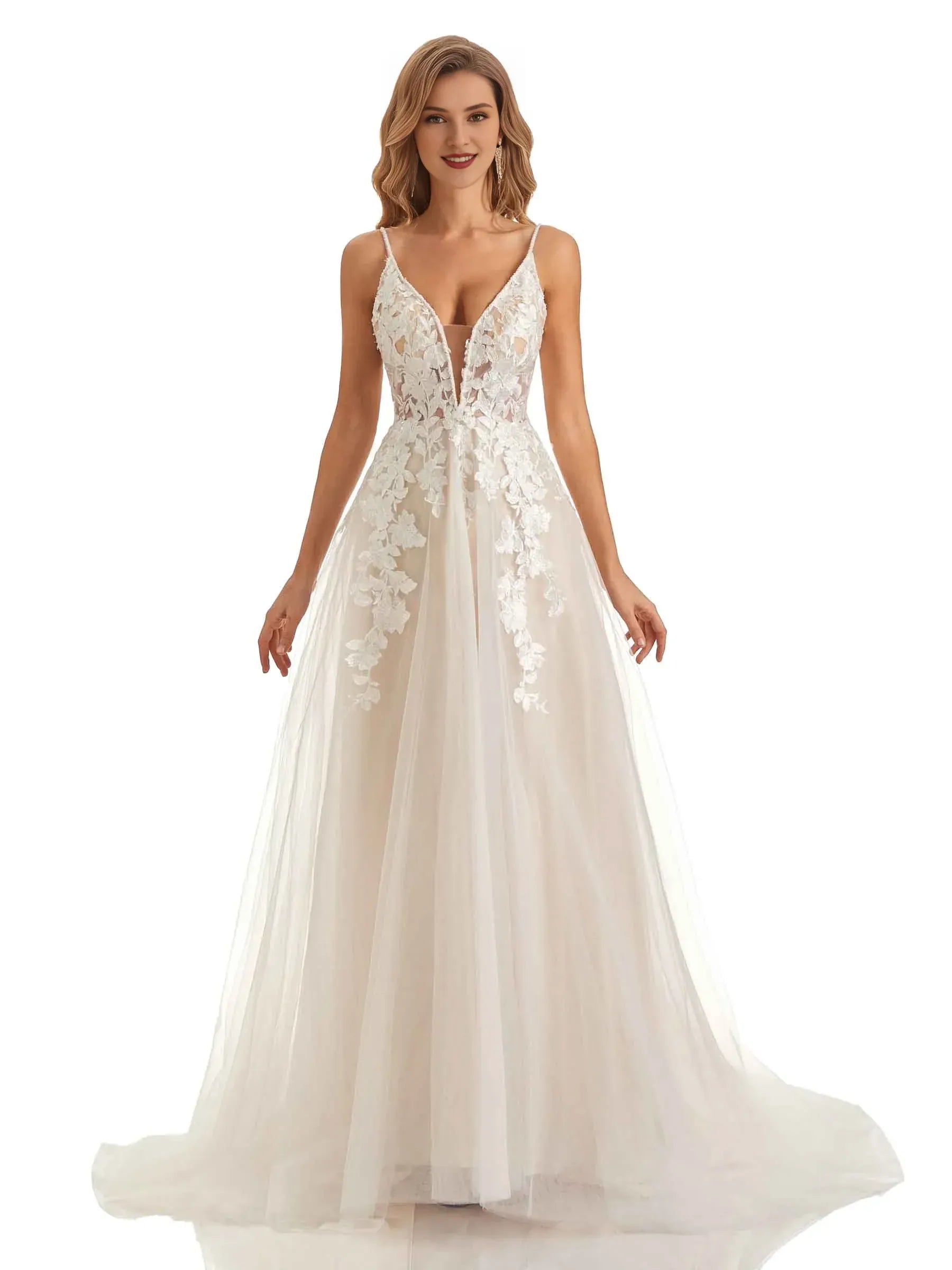 A-Line Spaghetti Strap Floor-Length Wedding Dress - Yihuiw by Yihuiw