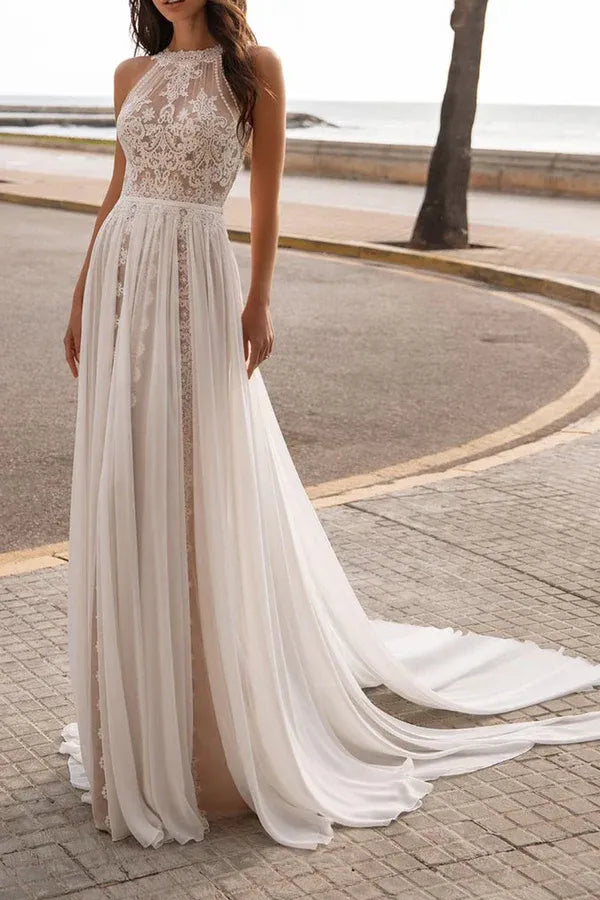 A-Line High Neck Sleeveless Floor-Length Wedding Dress - Yihuiw by Yihuiw