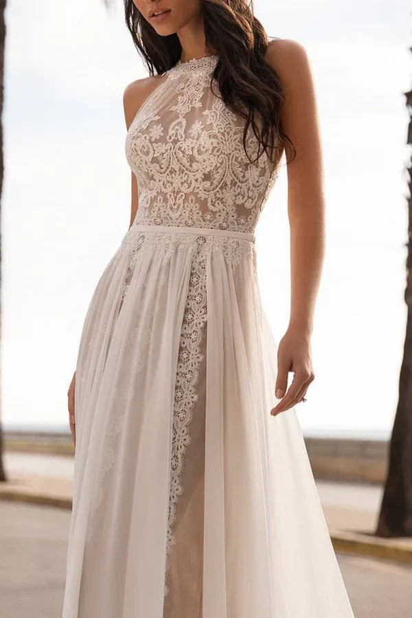 A-Line High Neck Sleeveless Floor-Length Wedding Dress - Yihuiw by Yihuiw