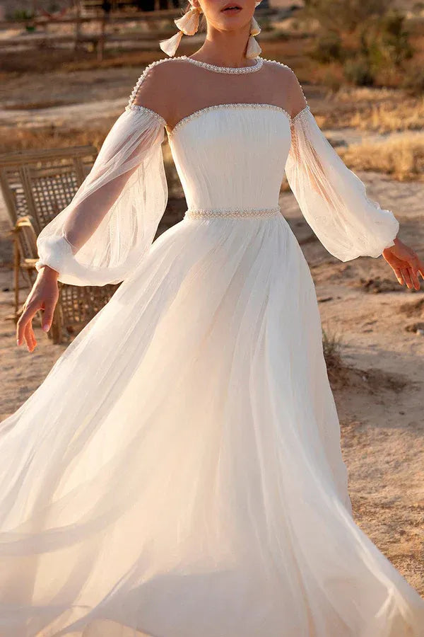 A-Line Illusion Floor-Length Wedding Dress - Yihuiw by Yihuiw
