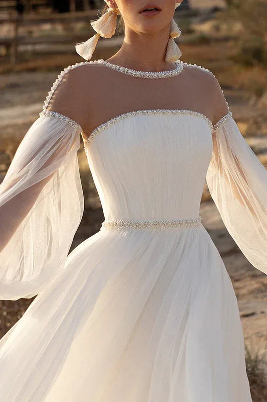 A-Line Illusion Floor-Length Wedding Dress - Yihuiw by Yihuiw