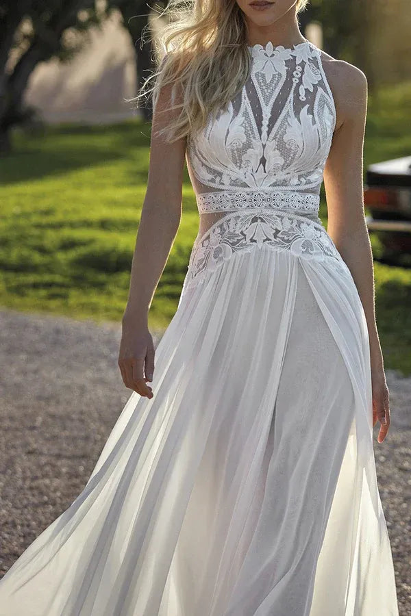 A-Line Halter Sleeveless Floor-Length Wedding Dress - Yihuiw by Yihuiw