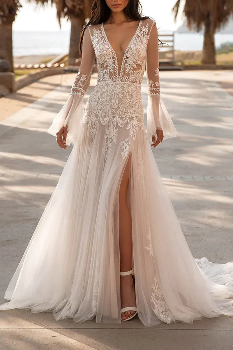 A-Line V-Neck Floor-Length Wedding Dress - Yihuiw by Yihuiw