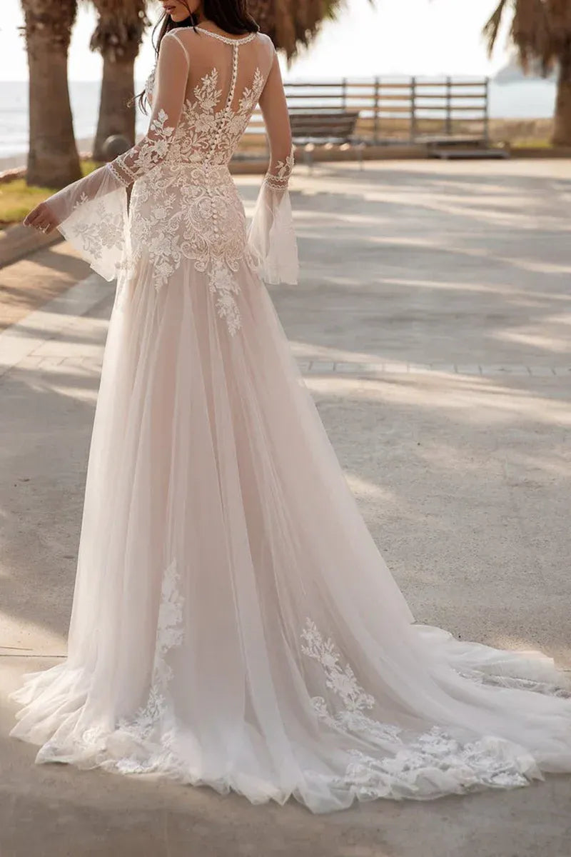 A-Line V-Neck Floor-Length Wedding Dress - Yihuiw by Yihuiw