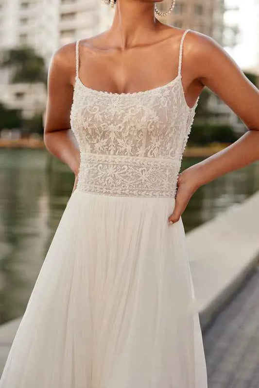 A-Line Spaghetti Strap Chiffon Floor-Length Wedding Dress - Yihuiw by Yihuiw