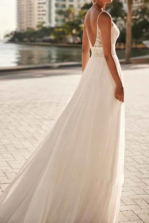 A-Line Spaghetti Strap Chiffon Floor-Length Wedding Dress - Yihuiw by Yihuiw