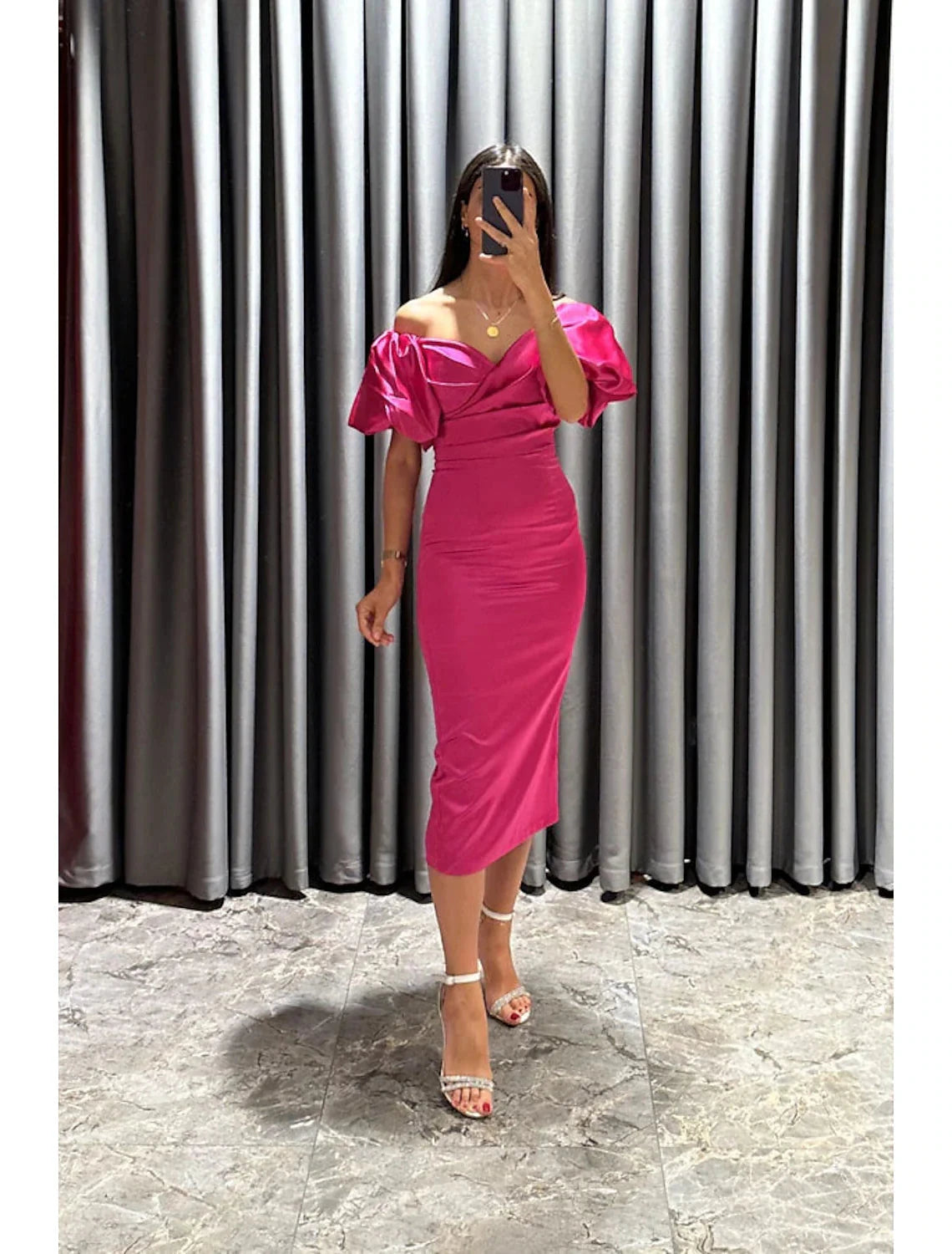 Sheath / Column Cocktail Dresses Party Dress Formal Fall Tea Length Short Sleeve Off Shoulder Satin with Ruched Slit by YiHuiw