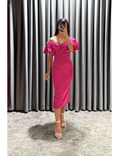 Sheath / Column Cocktail Dresses Party Dress Formal Fall Tea Length Short Sleeve Off Shoulder Satin with Ruched Slit by YiHuiw