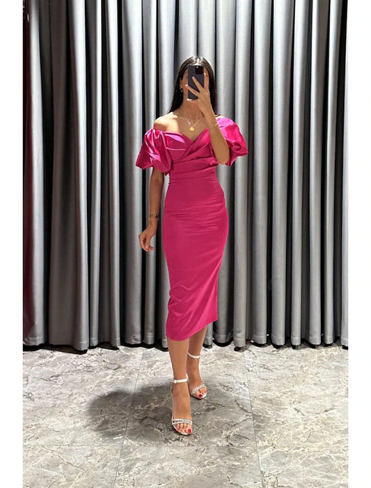 Sheath / Column Cocktail Dresses Party Dress Formal Fall Tea Length Short Sleeve Off Shoulder Satin with Ruched Slit by YiHuiw