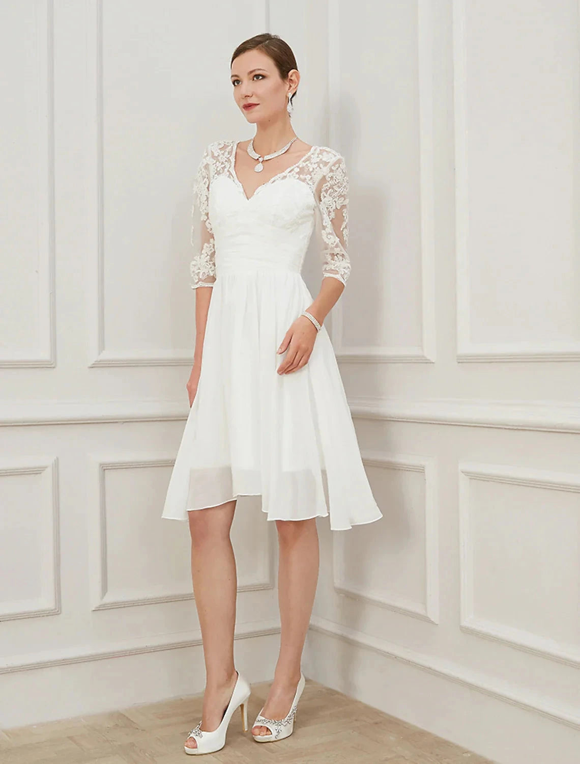 Reception Little White Dresses Fall Wedding Dresses A-Line V Neck Half Sleeve Knee Length Chiffon Bridal Gowns With Draping Appliques Summer Wedding Party Women‘s Clothing by YiHuiw