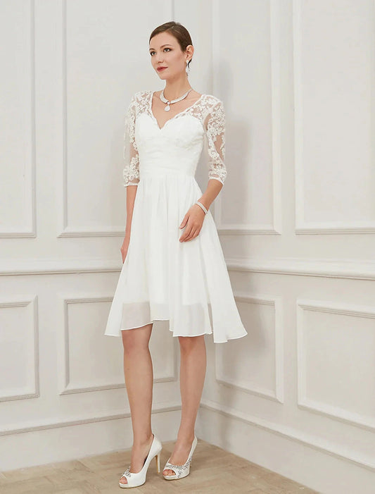 Reception Little White Dresses Fall Wedding Dresses A-Line V Neck Half Sleeve Knee Length Chiffon Bridal Gowns With Draping Appliques Summer Wedding Party Women‘s Clothing by YiHuiw