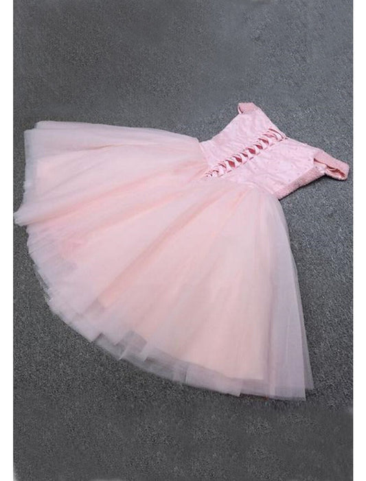 A-Line Homecoming Dresses Sparkle & Shine Dress Party Wear Cocktail Party Knee Length Sleeveless Off Shoulder Pink Dress Tulle with Sequin by YiHuiw