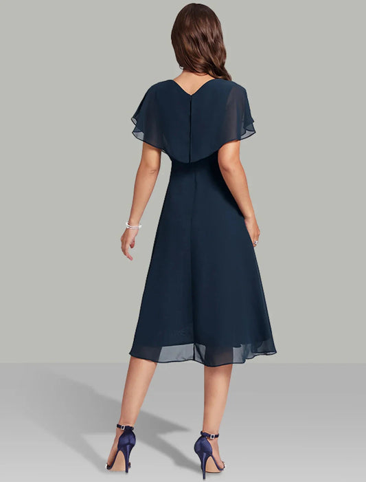 A-Line Wedding Guest Dresses Elegant Dress Semi Formal Tea Length Short Sleeve V Neck Belt / Sash Chiffon with Beading by YiHuiw