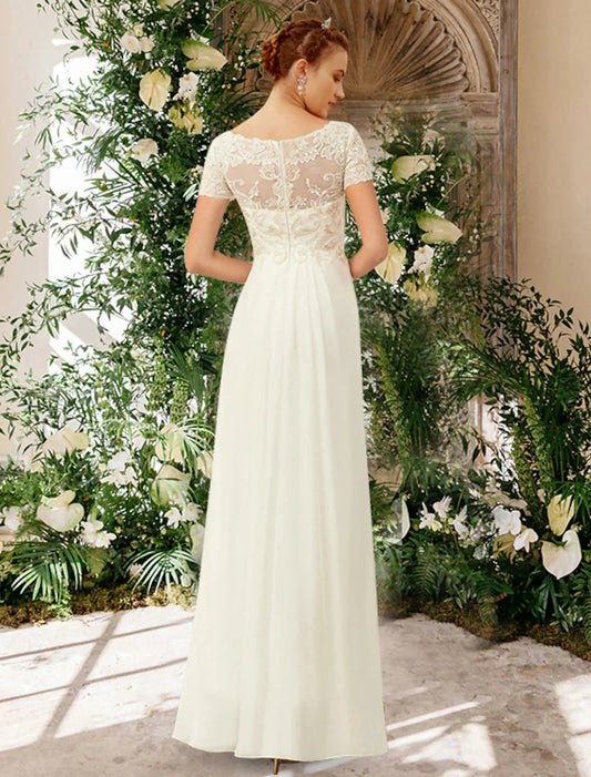 Beach Wedding Dresses A-Line V Neck Short Sleeve Floor Length Chiffon Bridal Gowns With Pleats Appliques Summer Wedding Party Women's Clothing by YiHuiw