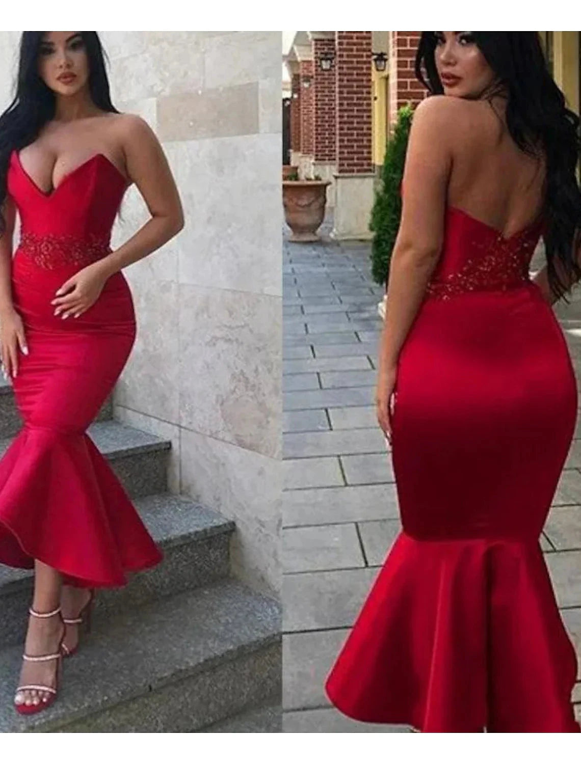 Mermaid / Trumpet Party Dresses Backless Dress Homecoming Cocktail Party Ankle Length Sleeveless V Neck Italy Satin Backless with Appliques by YiHuiw