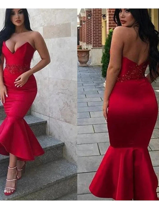 Mermaid / Trumpet Party Dresses Backless Dress Homecoming Cocktail Party Ankle Length Sleeveless V Neck Italy Satin Backless with Appliques by YiHuiw