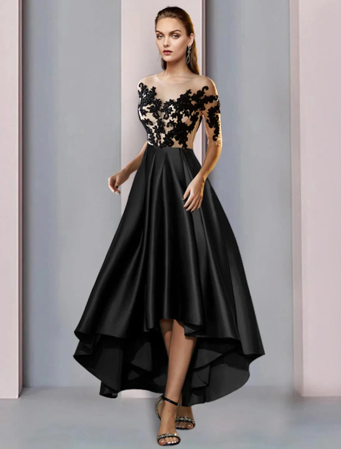 A-Line Mother of the Bride Dress Wedding Guest Vintage Elegant Illusion Neck Asymmetrical Satin Lace Half Sleeve with Pleats by YiHuiw