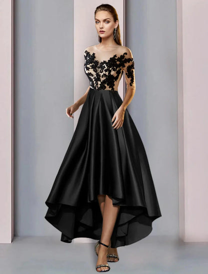 A-Line Mother of the Bride Dress Wedding Guest Vintage Elegant Illusion Neck Asymmetrical Satin Lace Half Sleeve with Pleats by YiHuiw