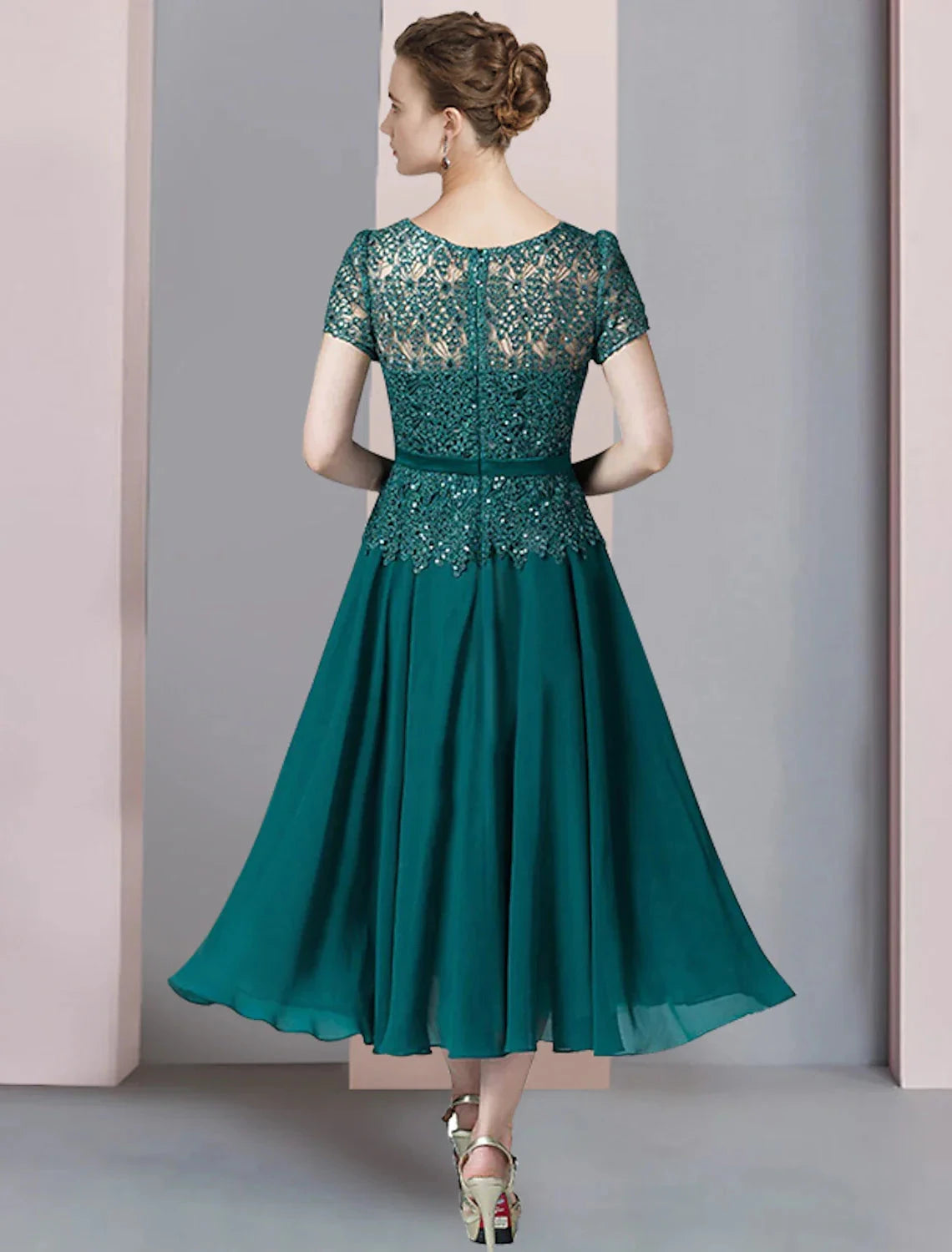 Two Piece A-Line Mother of the Bride Dress Formal Wedding Guest Elegant V Neck Tea Length Chiffon Lace Short Sleeve Wrap Included with Sequin Appliques by YiHuiw